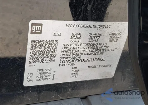 2022 Chevrolet Tahoe 4Wd Premier z USA, uszkodzony, nr VIN 1GNSKSKD5NR134835